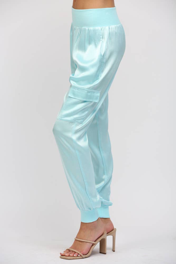 SATIN CARGO JOGGER PANTS, AQUA