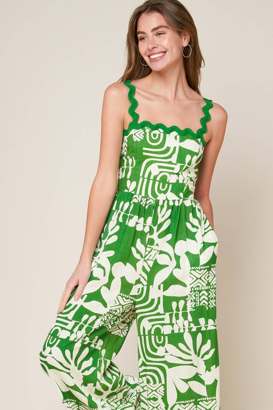 Print Woven Jumpsuit: Green & Ivory