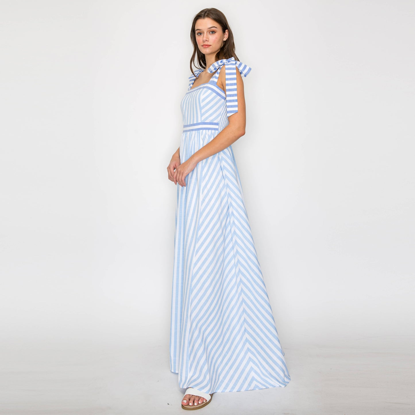 Dreamy Blue Stripe Maxi Dress with Shoulder Tie
