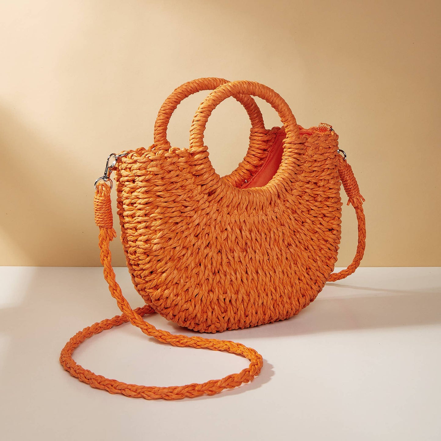 Half-moon shape handbag straw woven beach summer handbag: Pink