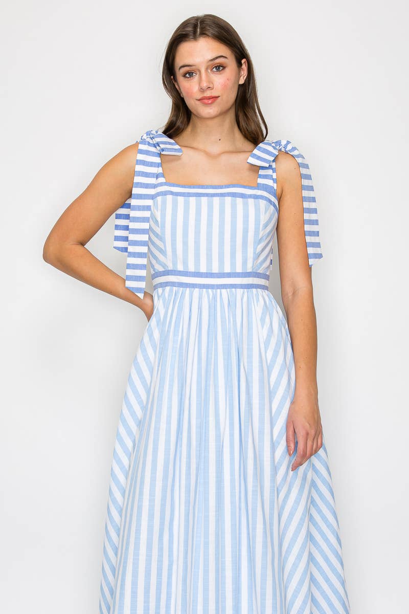 Dreamy Blue Stripe Maxi Dress with Shoulder Tie