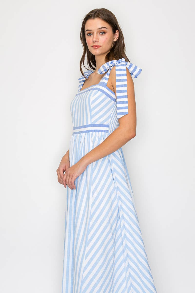 Dreamy Blue Stripe Maxi Dress with Shoulder Tie