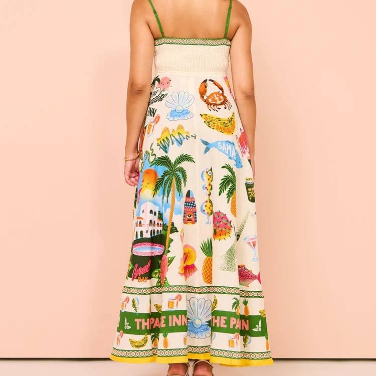 Suspender maxi dress graffiti print swing dress beach dress