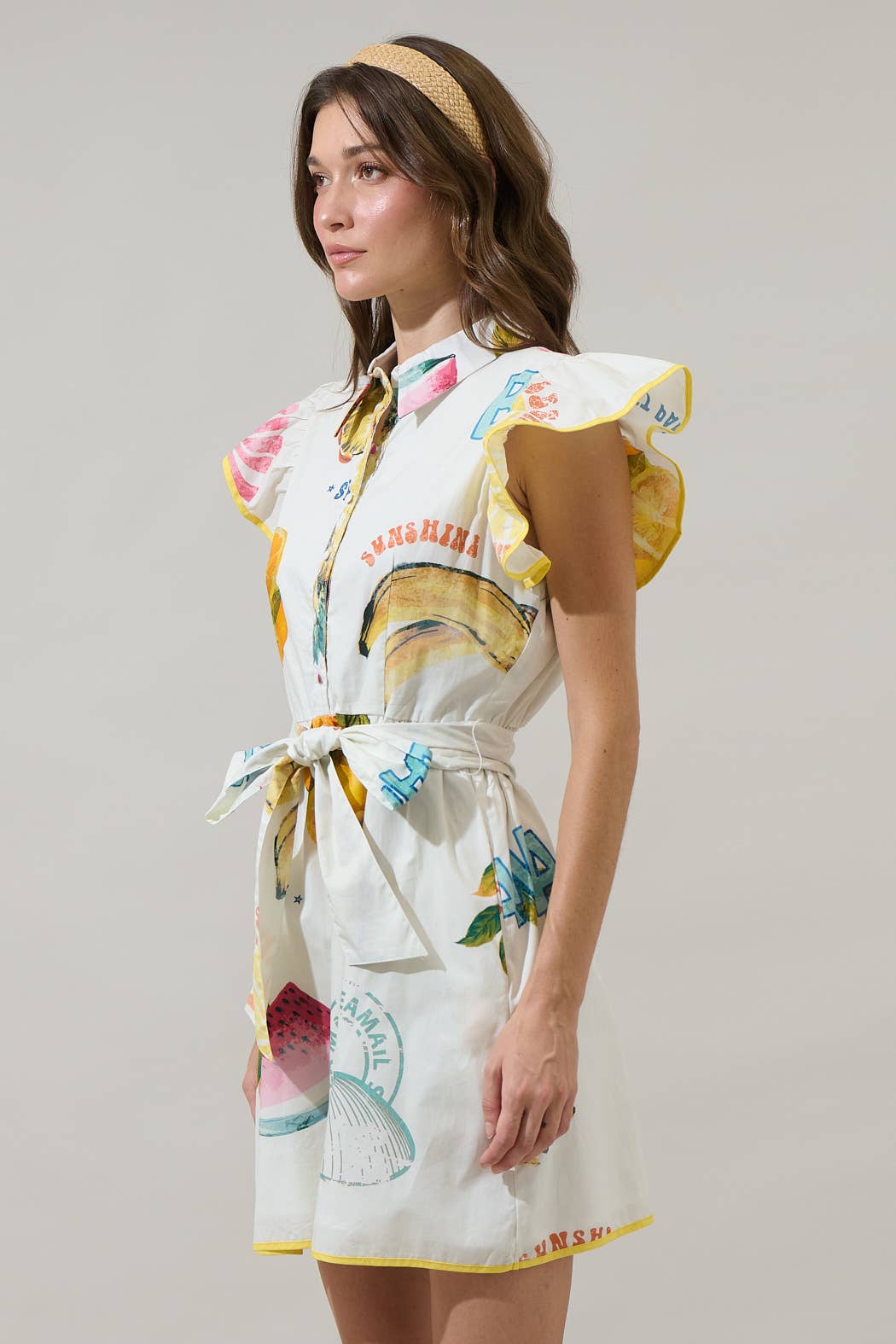 Zahra Island Maia Ruffle Collared Mini Dress: Ivory Multi