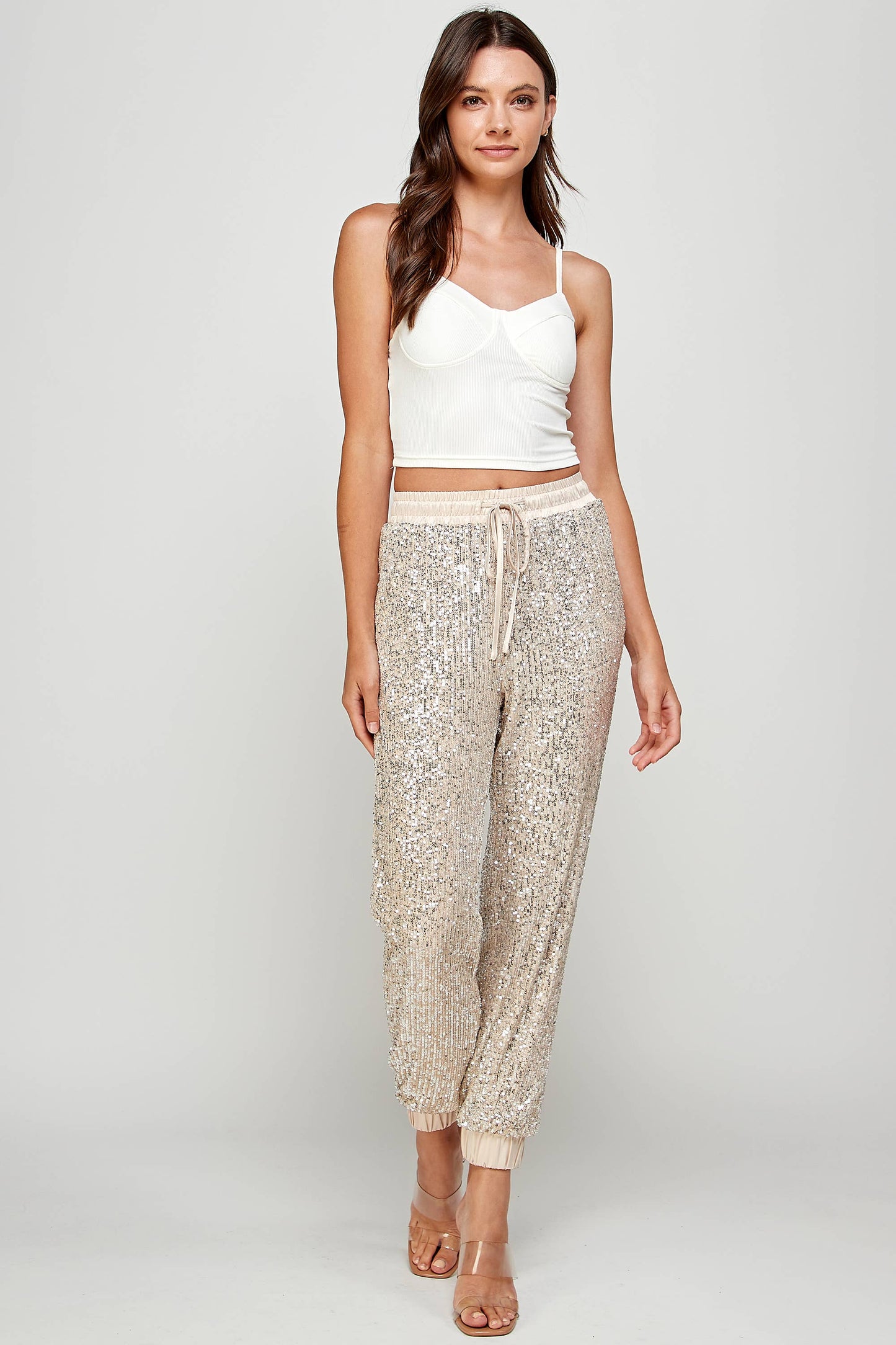SEQUIN JOGGERS: Champagne