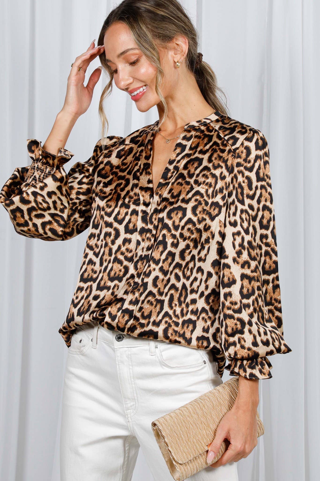 Henley Neckline Smocking Detail Leopard Print BlouseVT31377T: Brown / L