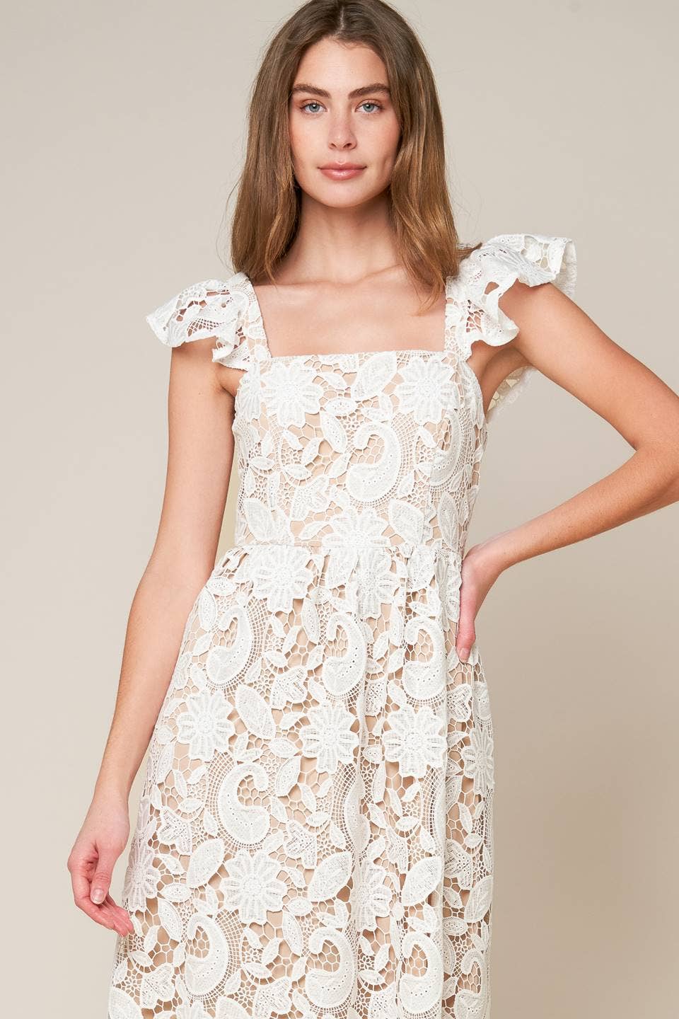 Solid Lace Midi Dress: White