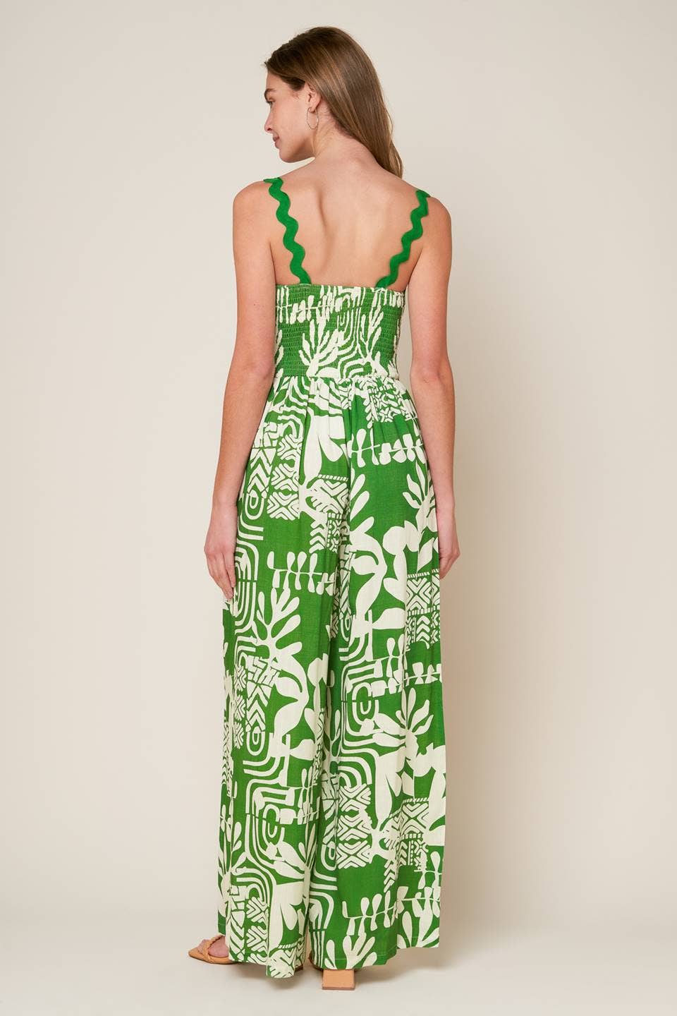 Print Woven Jumpsuit: Green & Ivory