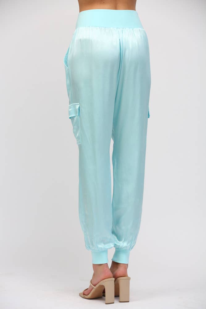 SATIN CARGO JOGGER PANTS, AQUA