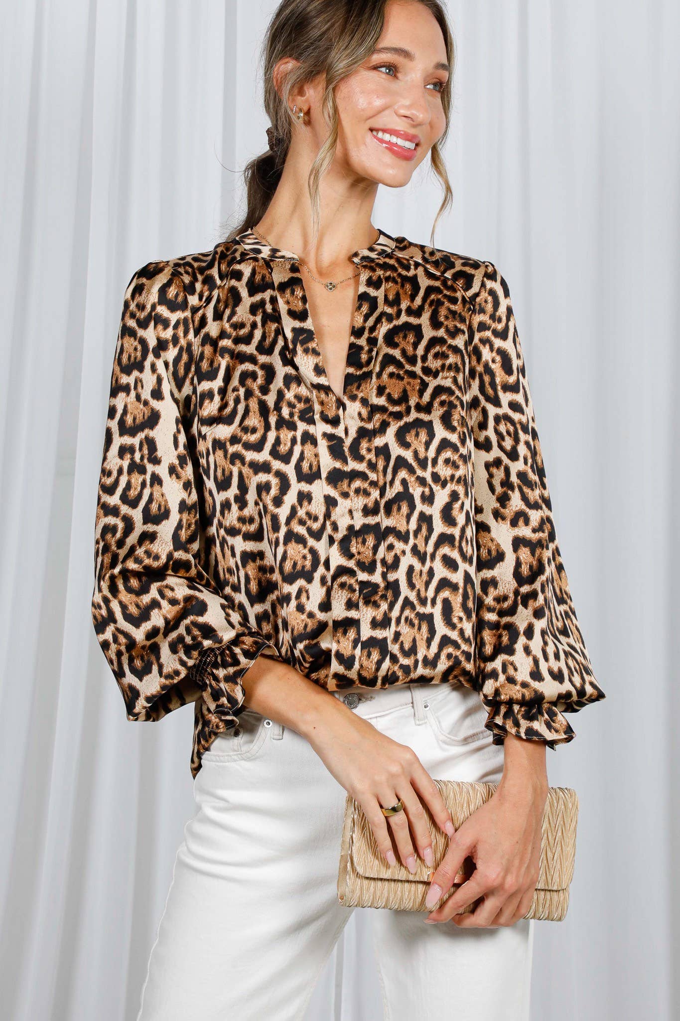 Henley Neckline Smocking Detail Leopard Print BlouseVT31377T: Brown / L