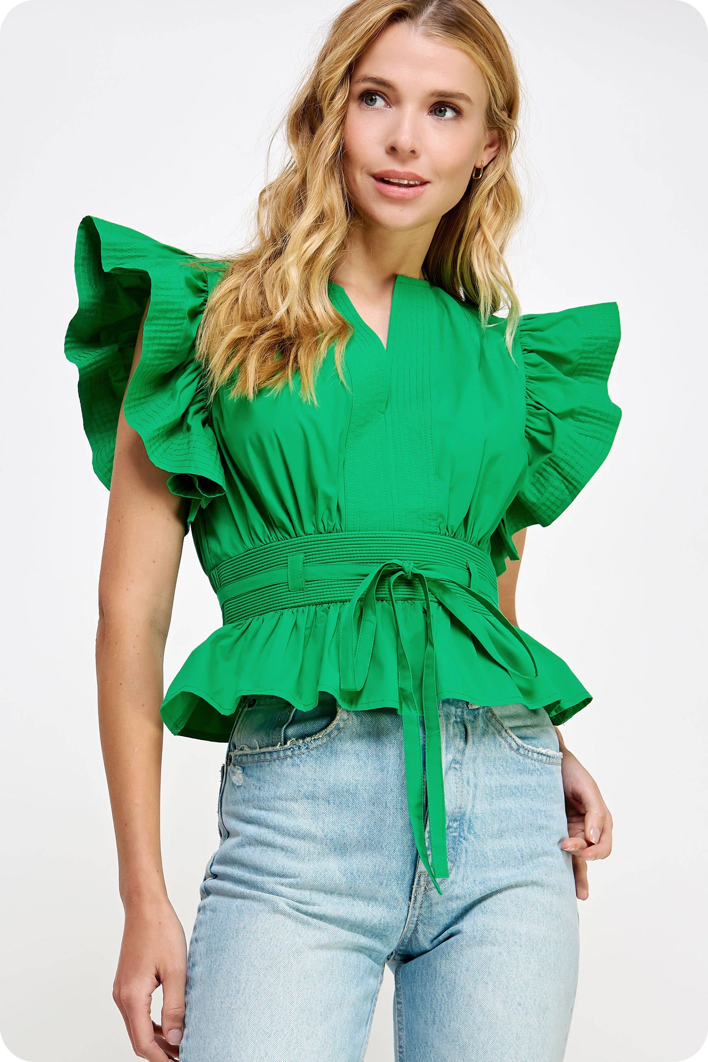 Flutter Sleeve Peplum Poplin Top: Emerald