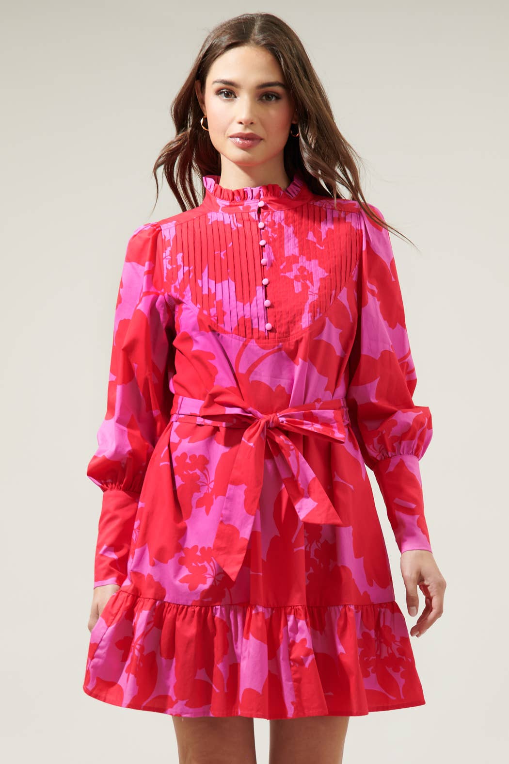 Briff Floral Beacher Pintuck Shift Dress: PINK-RED-MUL / XS