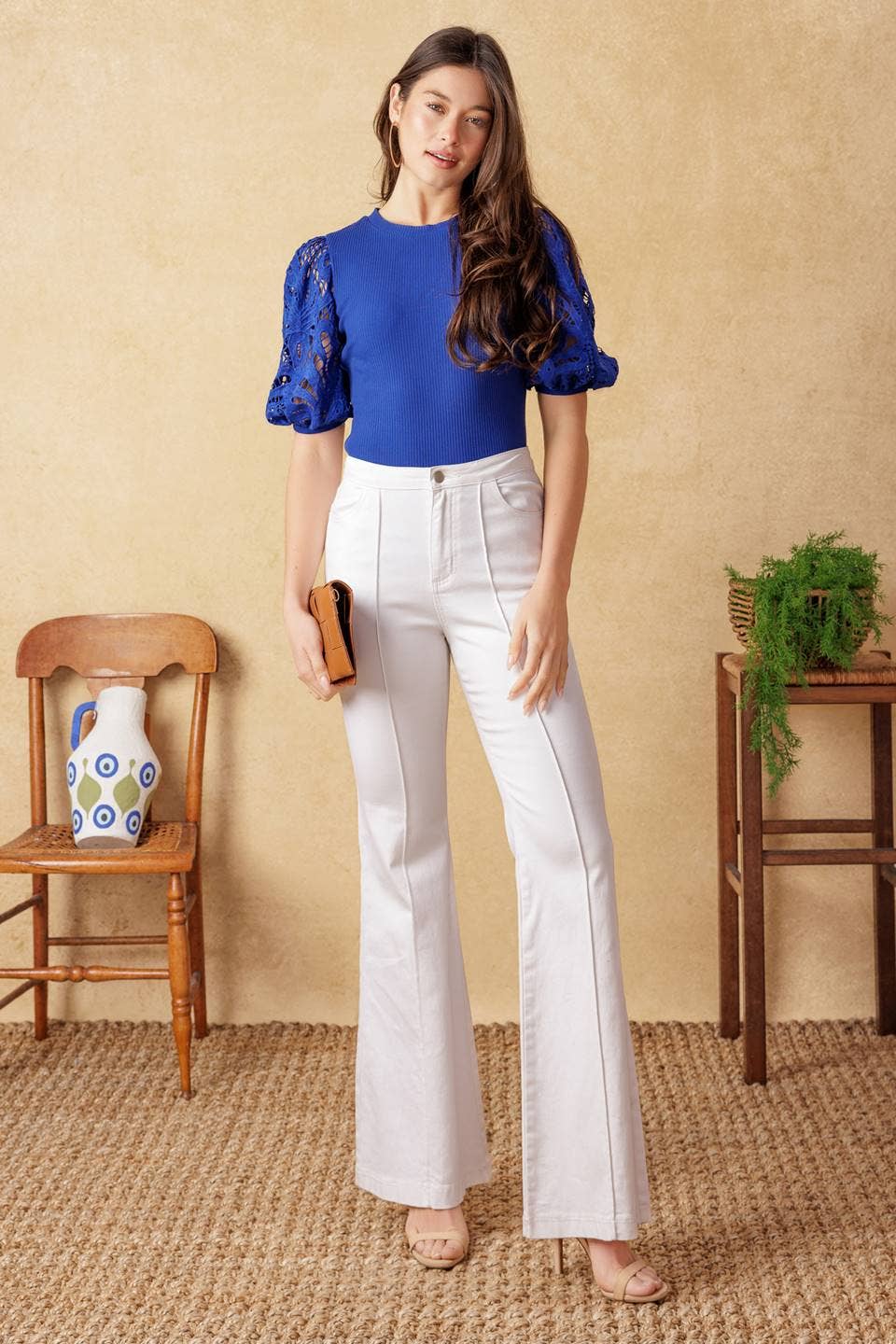 Ribbed knit top with lace sleeves: Blue