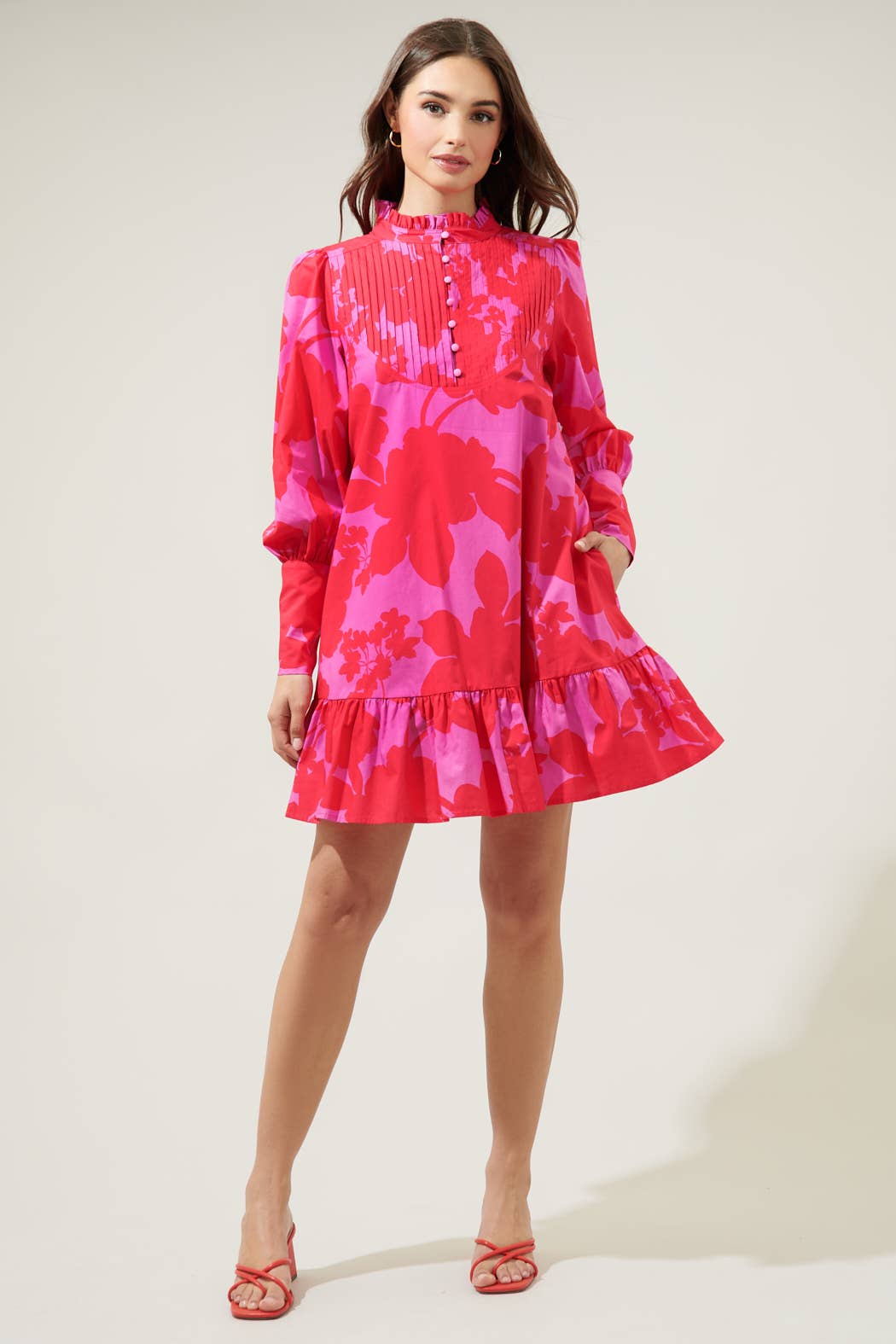 Briff Floral Beacher Pintuck Shift Dress: PINK-RED-MUL / XS