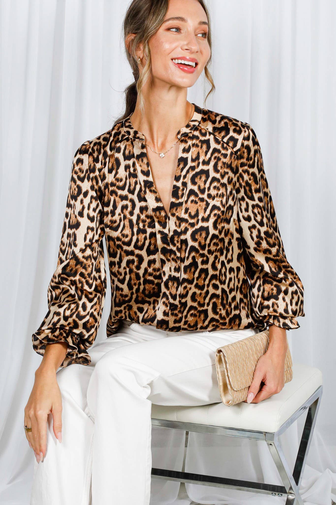 Henley Neckline Smocking Detail Leopard Print BlouseVT31377T: Brown / L