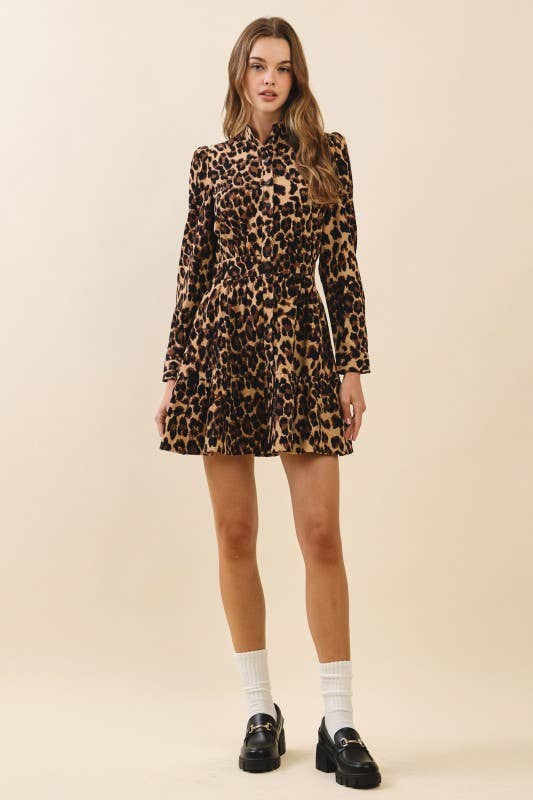 Leopard Print Fitted Waist Mini Shirt Dress: Brown