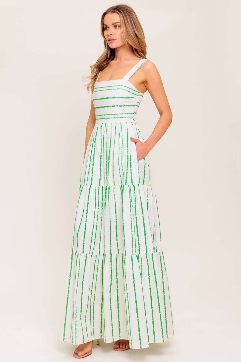 Printed woven maxi dress: Ivory & Green