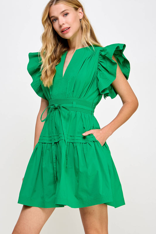 Flutter Sleeve Poplin Mini Dress: Emerald