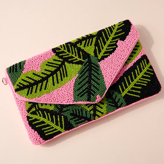 Palm Leaves Beaded Clutch Bag, Pink