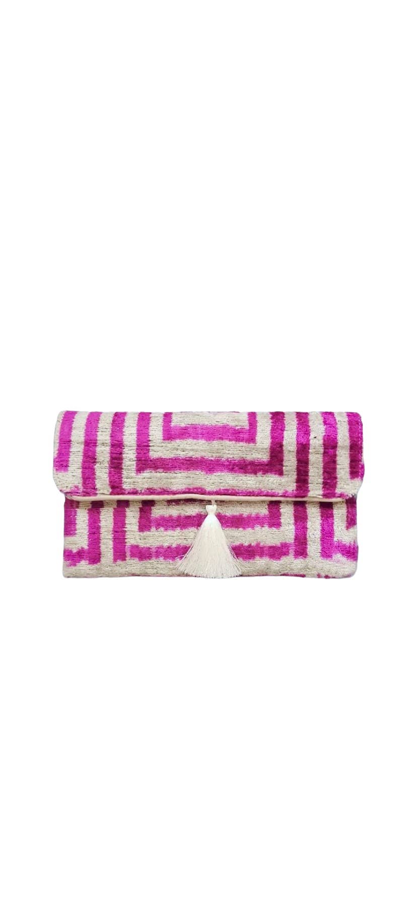 Silk Velvet Ikat Clutch, Magenta & White