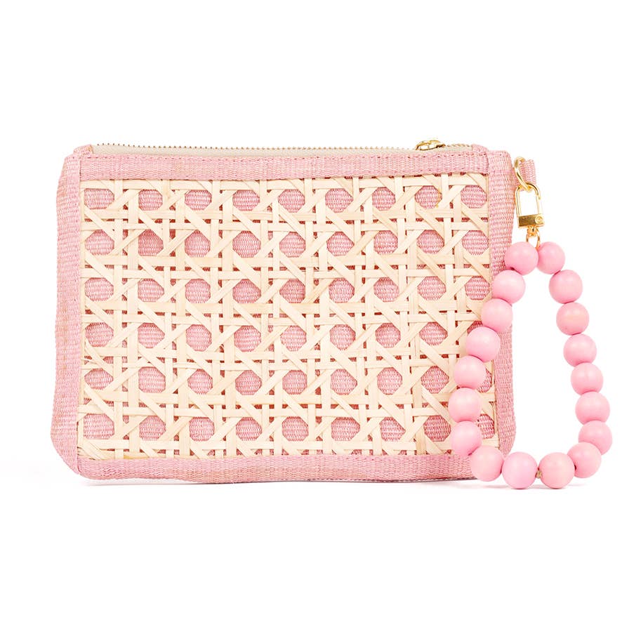 Light pink Bead & Woven Rattan Wristlet Purse