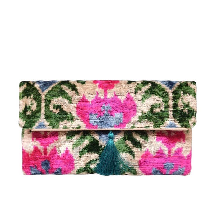 Silk Velvet Ikat Clutch, Pink, Blue, Green