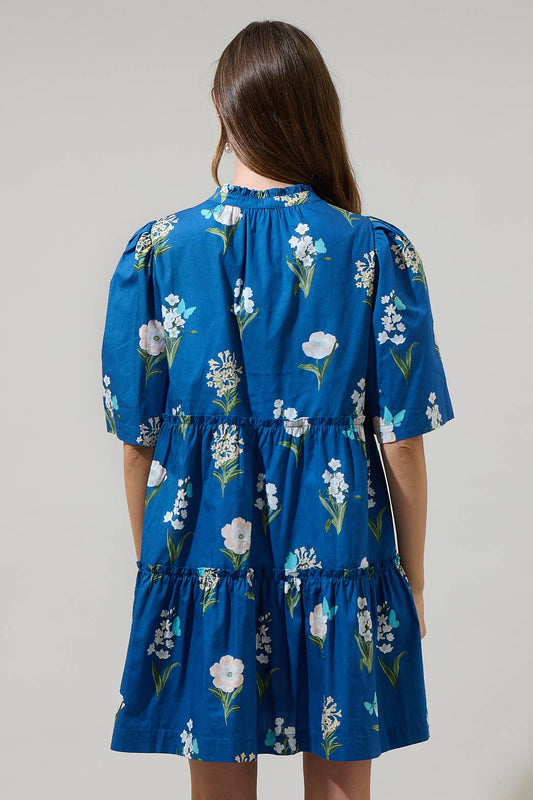 Madison Floral Dixie Split Neck Shift Dress: BLUE-WHITE-GREEN
