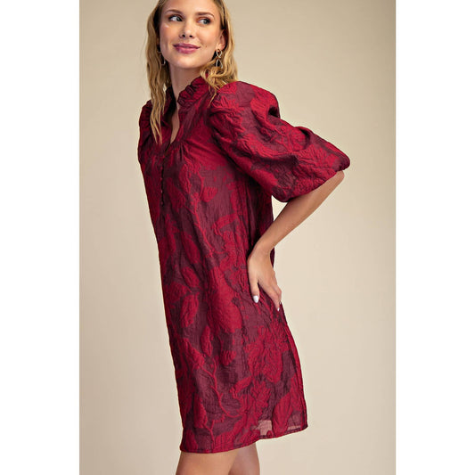 Ruffled Neck Dress: BURGUNDY