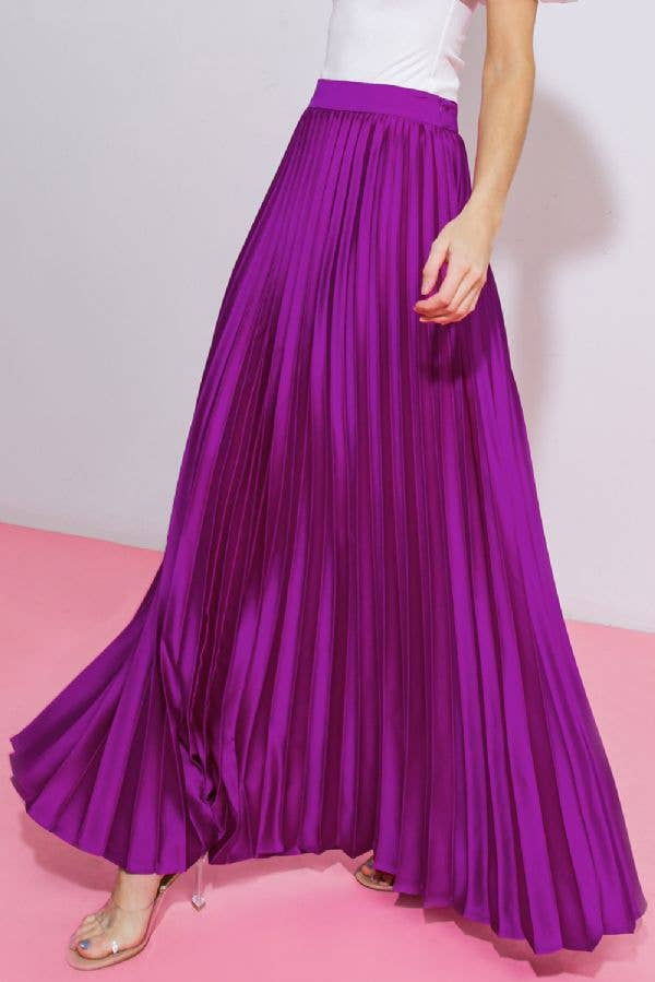 A solid satin fully pleated maxi skirt -IK7468: MAGENTA / S