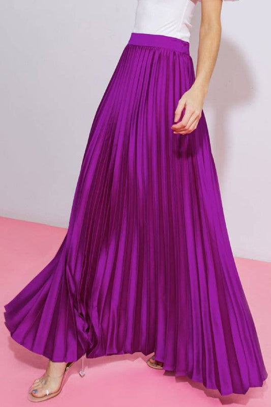 A solid satin fully pleated maxi skirt -IK7468: MAGENTA / S