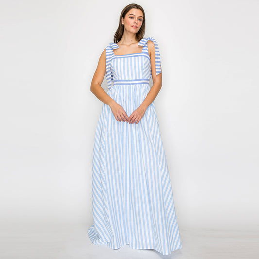 Dreamy Blue Stripe Maxi Dress with Shoulder Tie