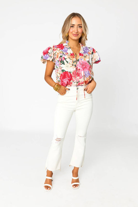 Leeland Floral Ruffle Sleeve Top: Pink