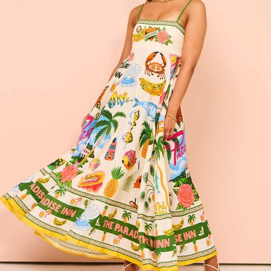 Suspender maxi dress graffiti print swing dress beach dress