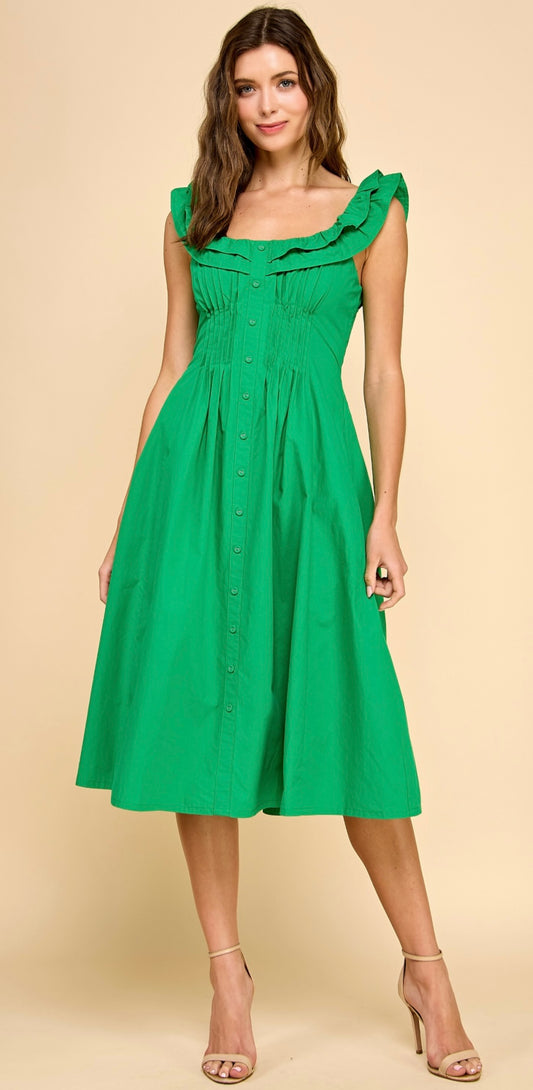 Wide Neckline Pleated Dress: Green