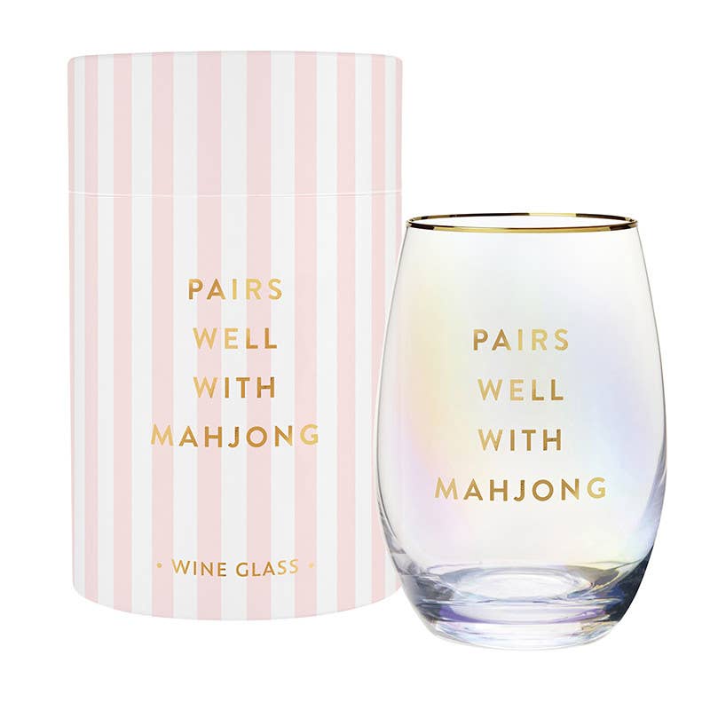 Gold Foil Stemless Wine Glass - Pairs Well with Mahjong: 17oz, 4.5" H