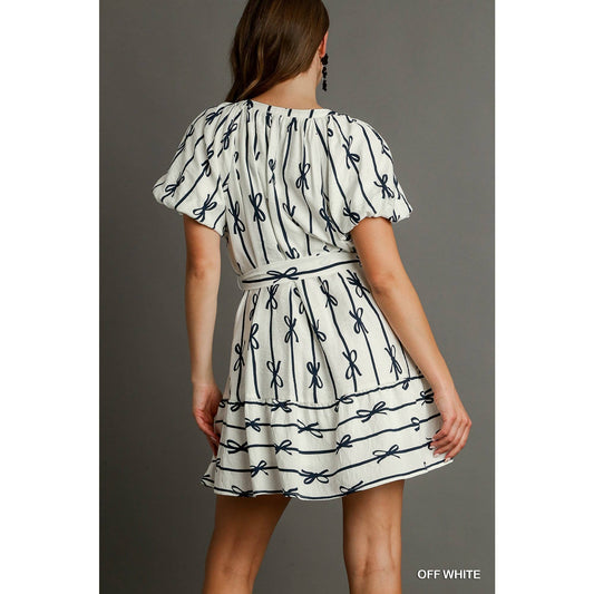 Bow Print Dress, White & Navy