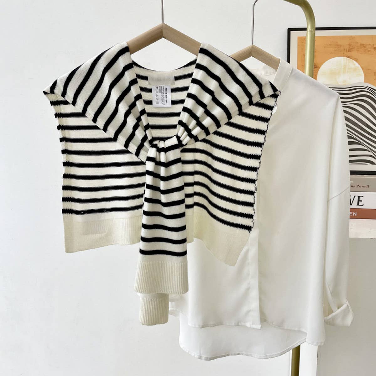 STRIPED KNITTED OUTER SHAWL_CWASC0758: KHAKI / (OS) 1
