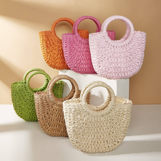 Half-moon shape handbag straw woven beach summer handbag: Camel