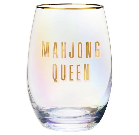 Gold Foil Stemless Wine Glass - Mahjong Queen: 17oz, 4.5" H