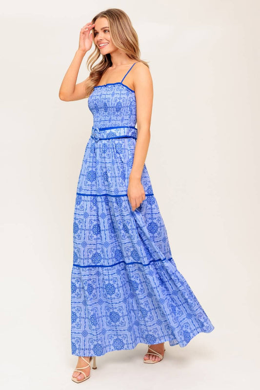 Print woven maxi dress with belt: Blue
