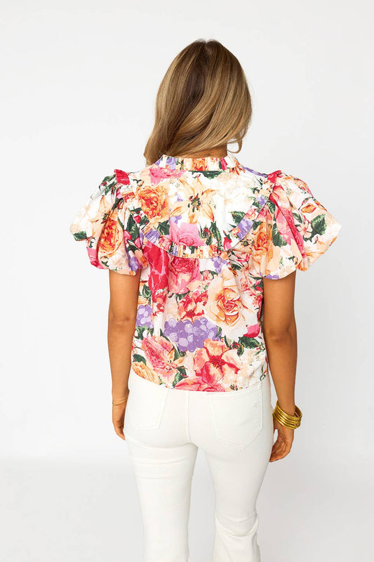 Leeland Floral Ruffle Sleeve Top: Pink