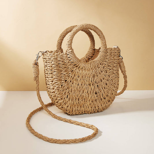 Half-moon shape handbag straw woven beach summer handbag: Camel