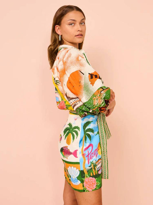 Paradise multi print mini dress Casual belt Shirt Dress
