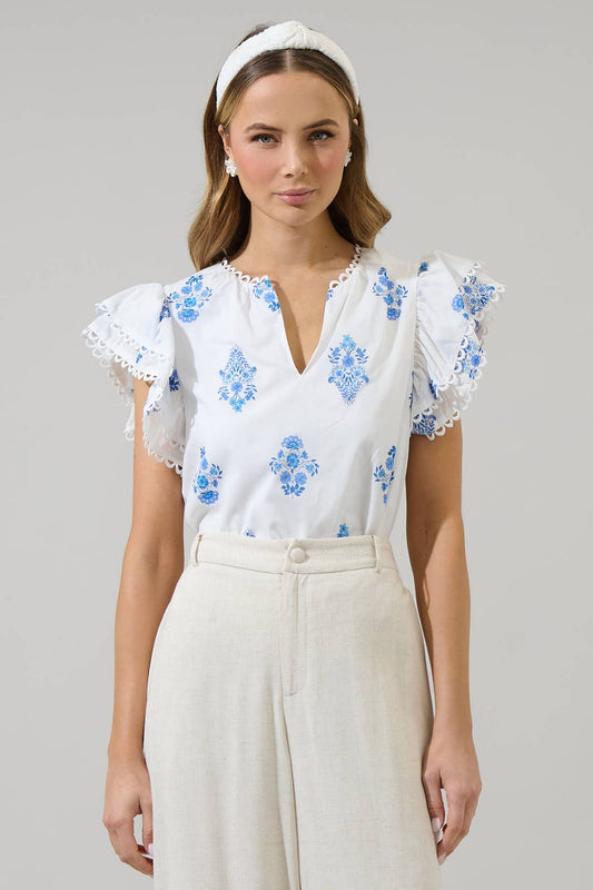 Yila Floral Ema Ruffle Top: WHT-BLUES