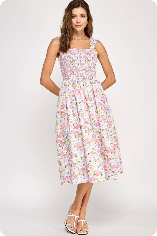 Floral Print Contrast Smocking Midi Dress: Pink Multi