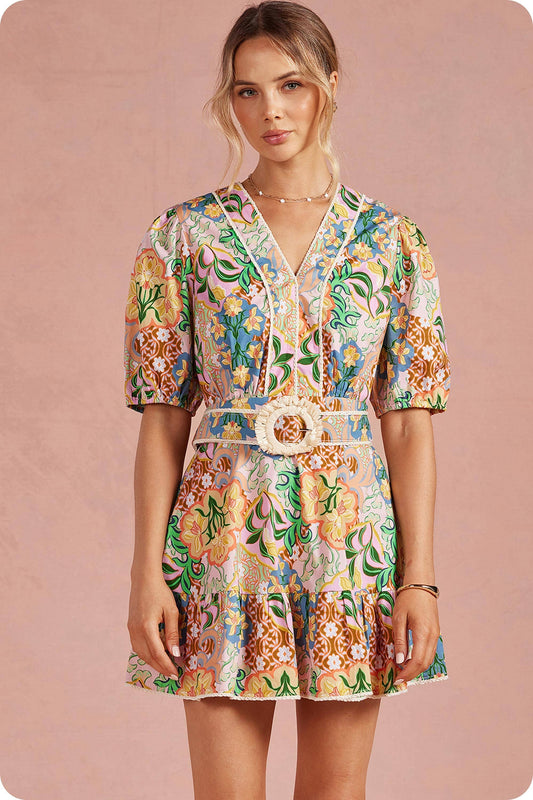 Garden Party Puff Sleeve Belted Cotton Mini Dress: Multi