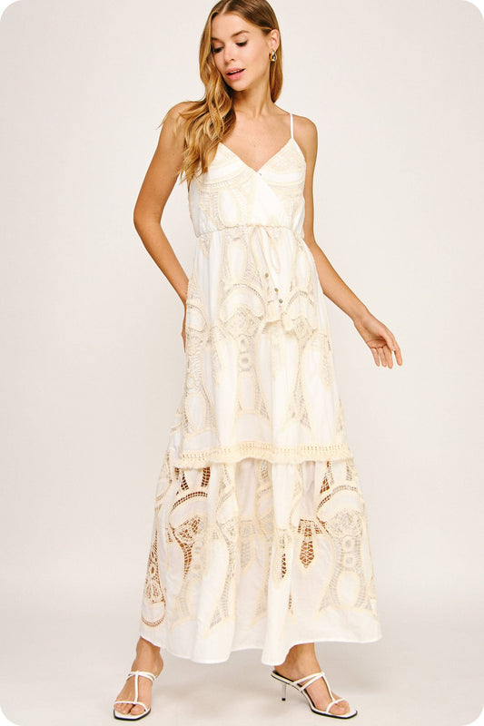 Crochet Lace Maxi Dress: White/beige