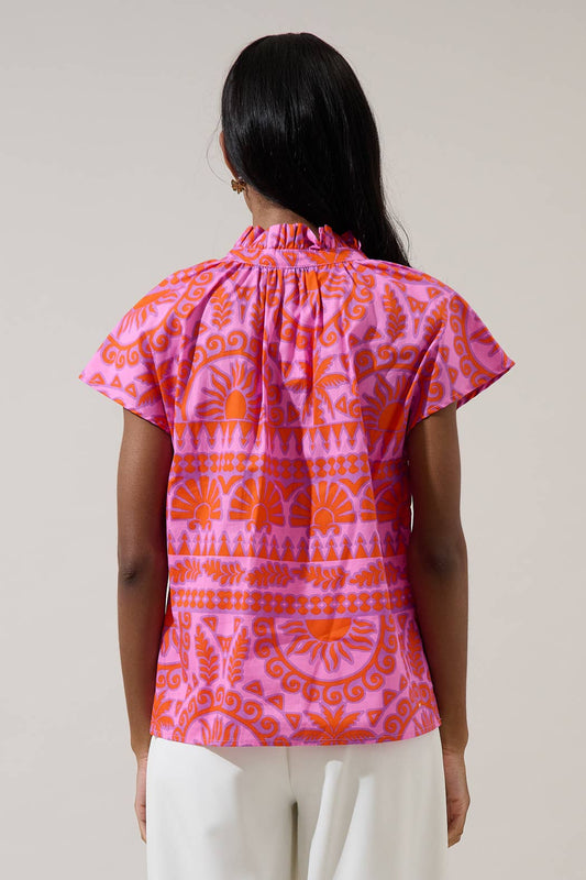 Tarie Tropical Juna Ruffle Top: PINK-ORANGE