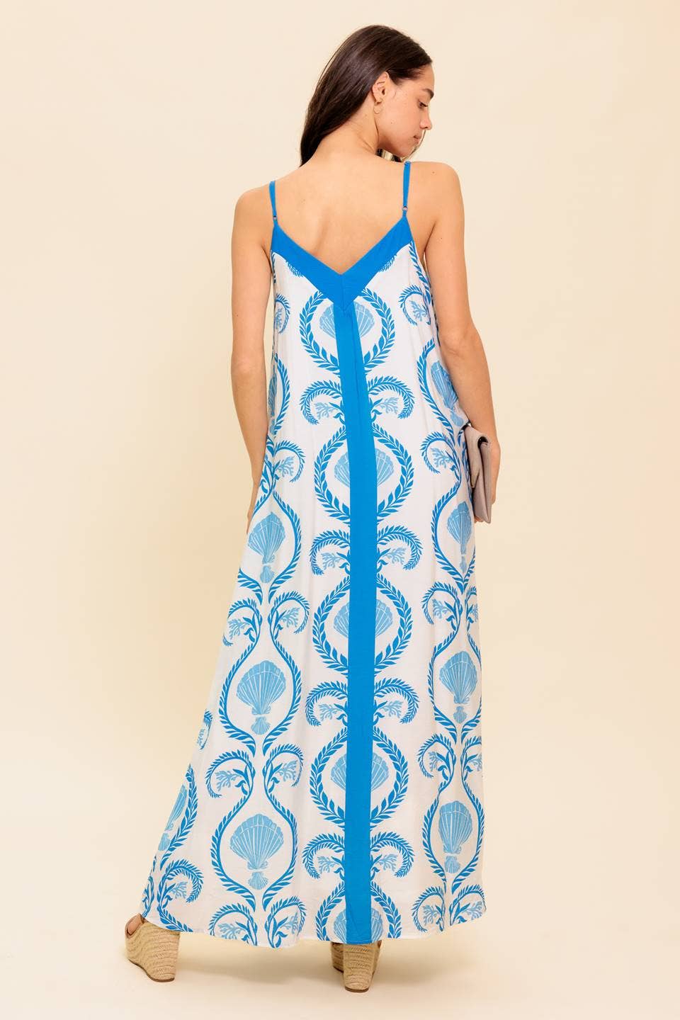 Printed woven maxi dress: Ivory & Blue