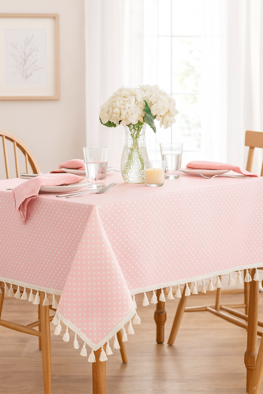 White Polka Dots Tasseled Pink Cotton Blend Tablecloth: 55x55